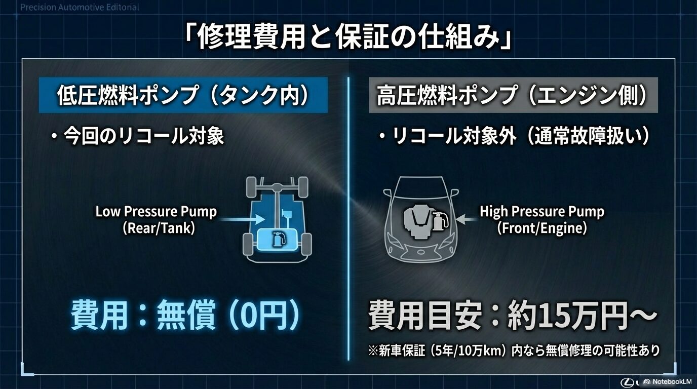 タンク内の低圧ポンプ(リコール対象・無償)とエンジン側の高圧ポンプ(通常故障扱い・約15万円〜)の違いと費用目安。