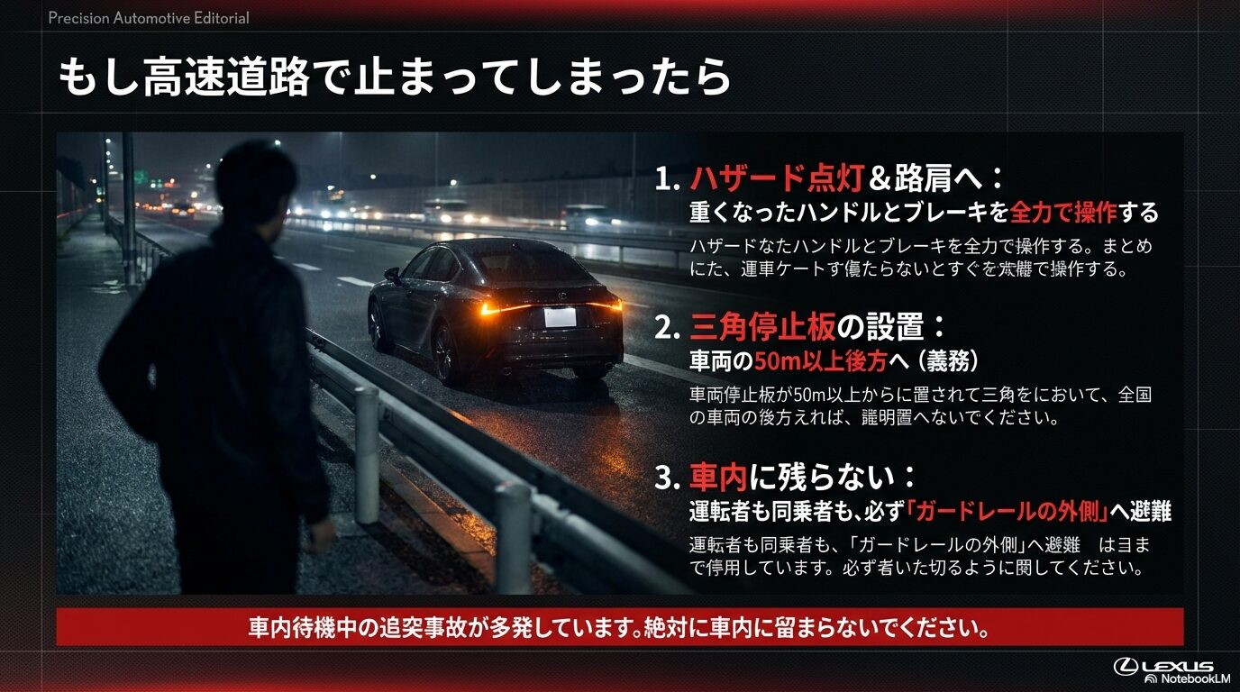 ハザード点灯、三角停止板の設置、そして車内に残らずガードレールの外側へ避難することを指示する安全マニュアル。