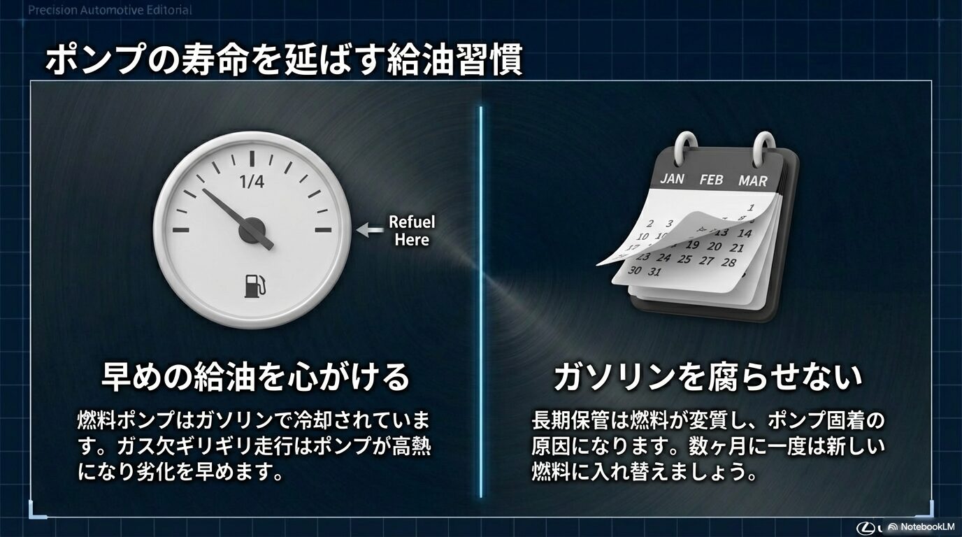 燃料計1/4での早めの給油推奨と、数ヶ月に一度の燃料入れ替えによるガソリン変質防止の重要性。