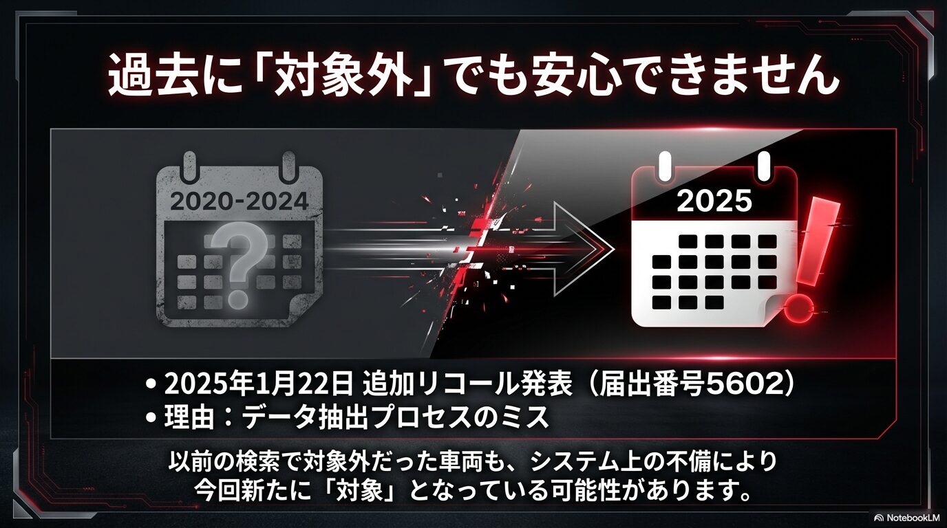 2025年1月22日に発表されたリコール届出番号5602の概要。データ抽出ミスのため再確認が必要な旨の解説