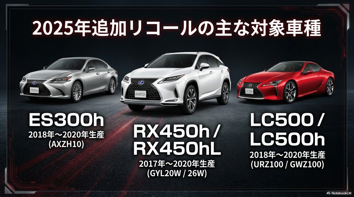 レクサスRX450h、ES300h、LC500など、2025年1月に追加されたリコールの主な対象車種と生産期間のまとめ