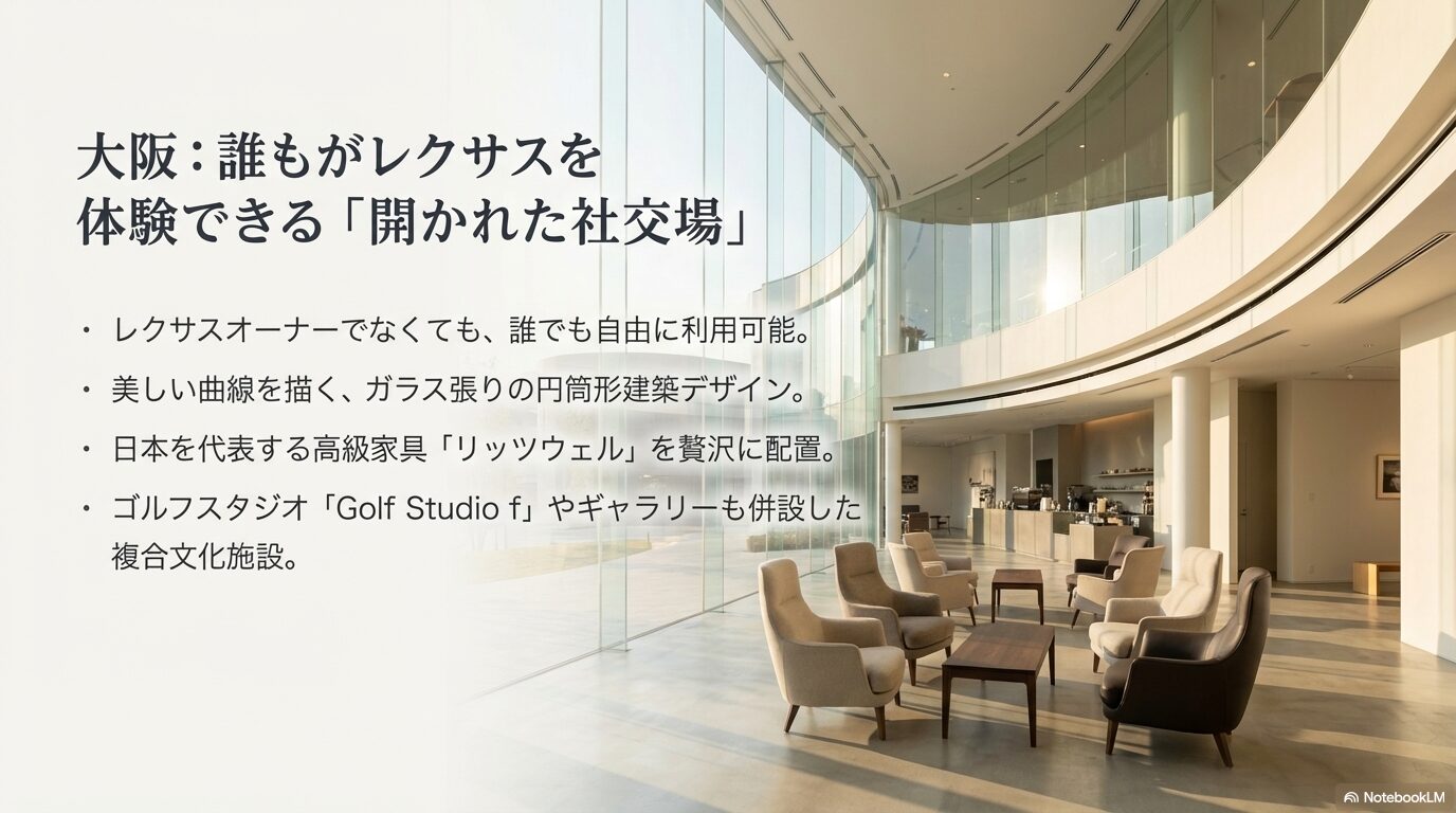 ガラス張りの円筒形建築が特徴的なレクサス大阪福島の施設紹介と、誰でも利用可能であることの説明スライド