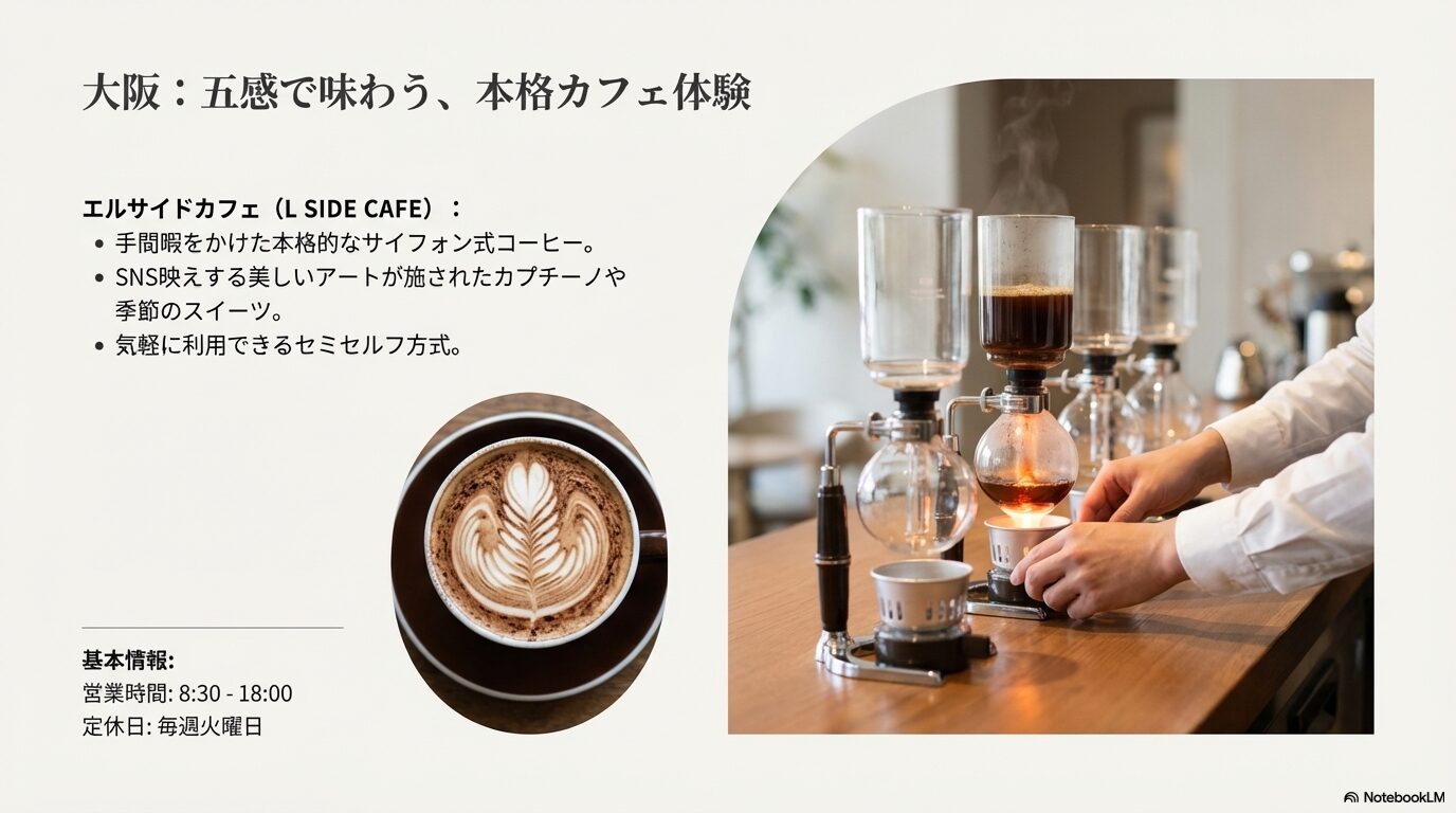 エルサイドカフェのサイフォン式コーヒーやカプチーノ、営業時間などの基本情報をまとめたスライド