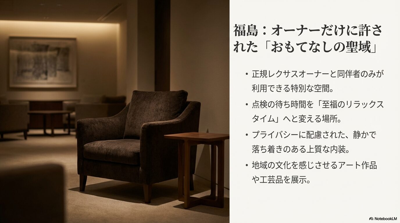 正規レクサスオーナー限定の特別な空間である福島市のオーナーズラウンジの内装とコンセプトを紹介するスライド