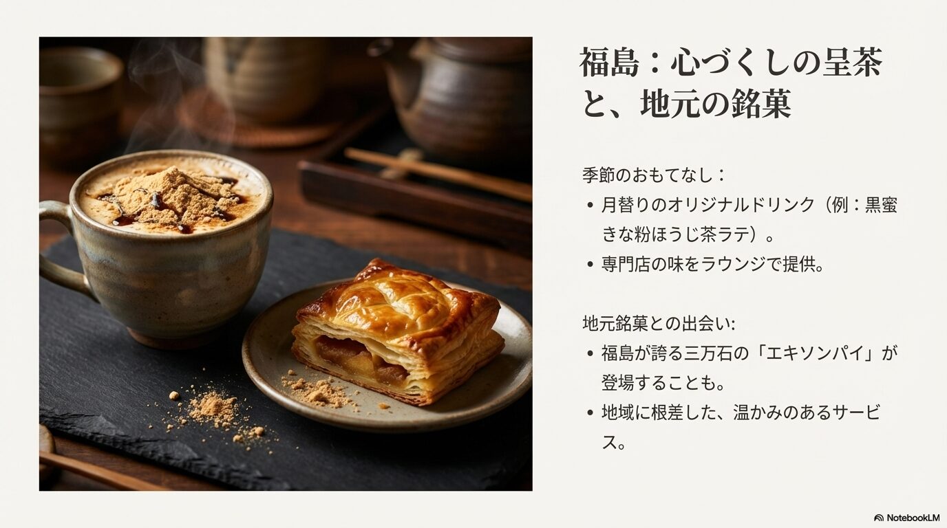 レクサス福島で提供される季節のドリンクや三万石の銘菓エキソンパイについてのおもてなし紹介スライド