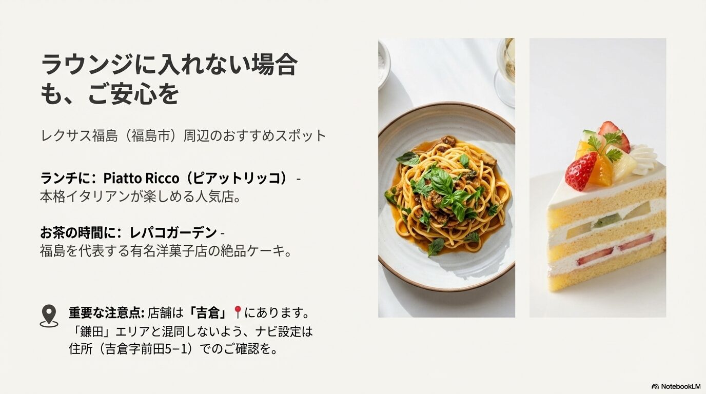 レクサス福島周辺のランチやカフェ情報と、「吉倉」と「鎌田」の住所を混同しないためのナビ設定上の注意スライド