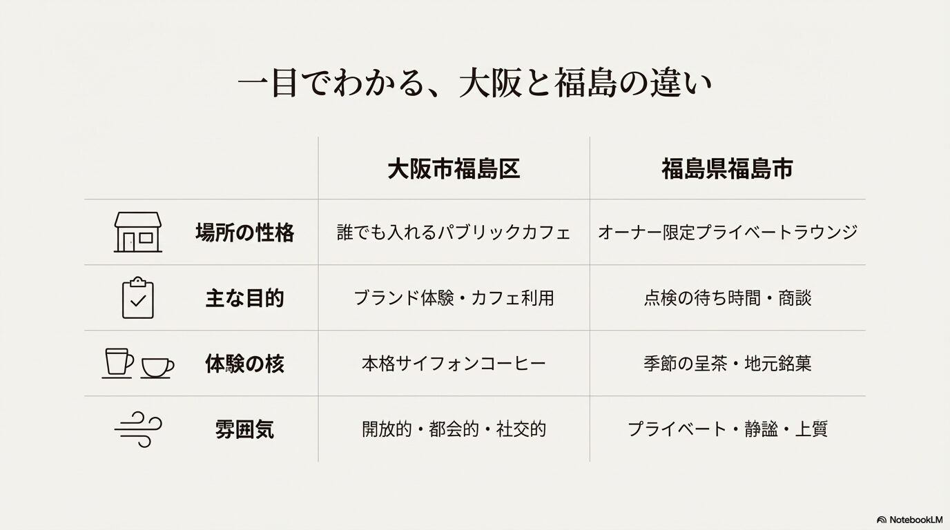 場所の性格、主な目的、体験の核、雰囲気の違いを大阪と福島県で比較した一覧表スライド