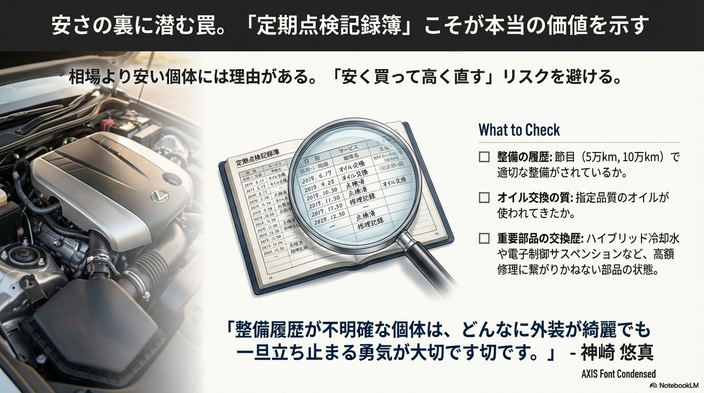 : 整備履歴の透明性が中古レクサスの価値を左右することを示す点検記録簿のサンプル。