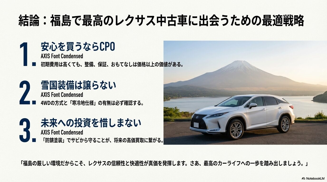CPOの安心、雪国装備、防錆塗装を軸とした福島での購入戦略まとめ。