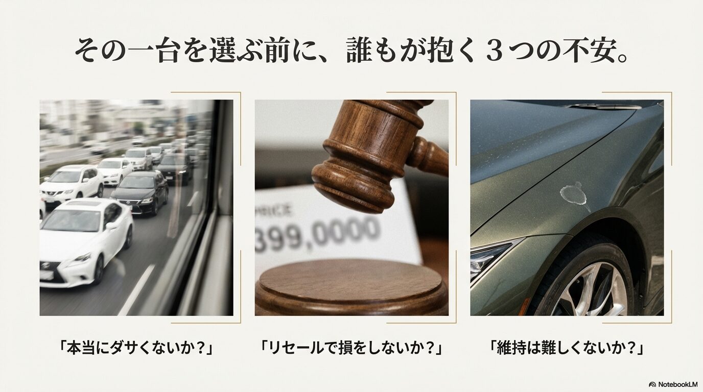レクサスの緑色がダサいか、リセールで損をしないか、維持が困難かというユーザーが抱く3つの不安をまとめたスライド