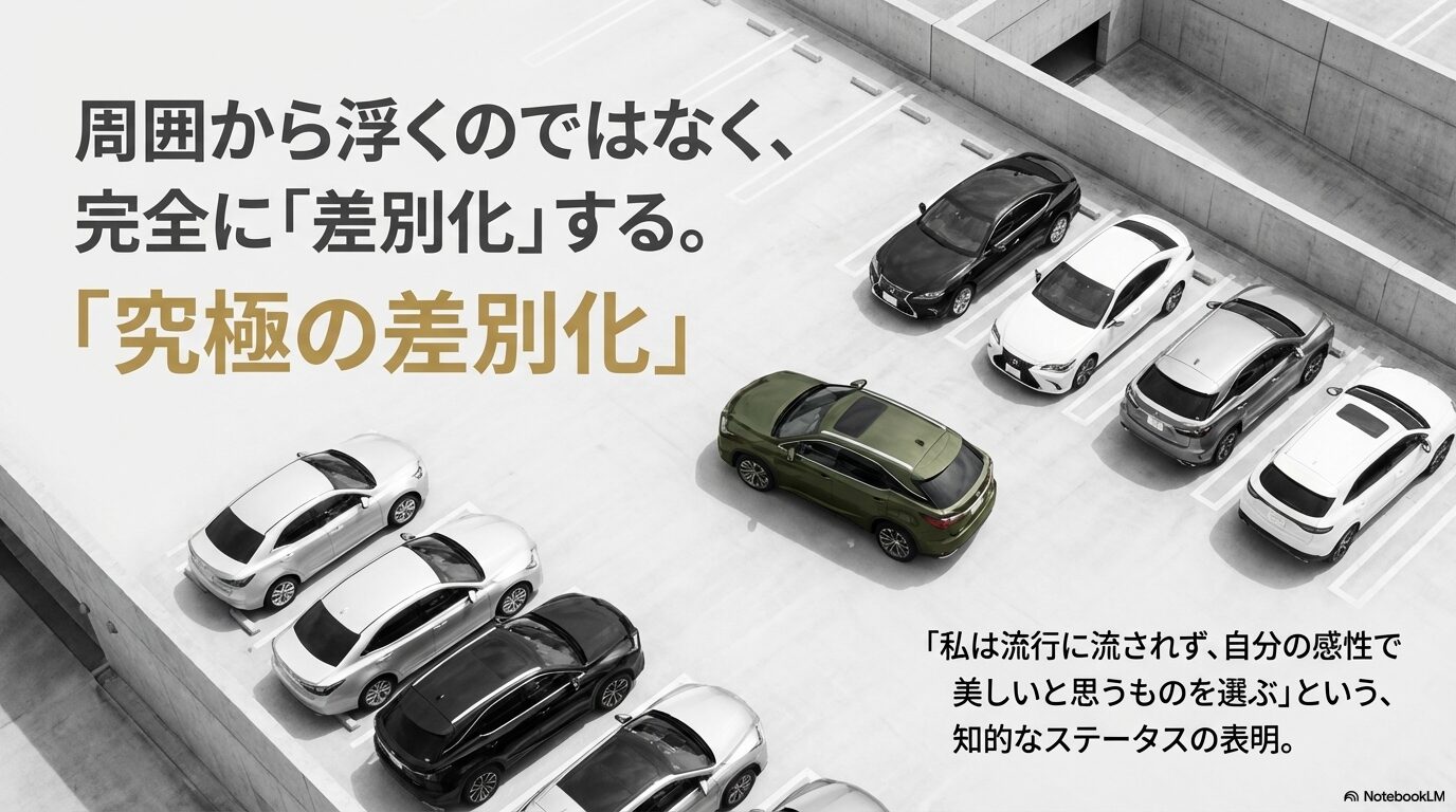 レクサスの緑を選ぶことが、流行に流されない感性の表明であり、周囲と差別化する知的なステータスであることを示すスライド