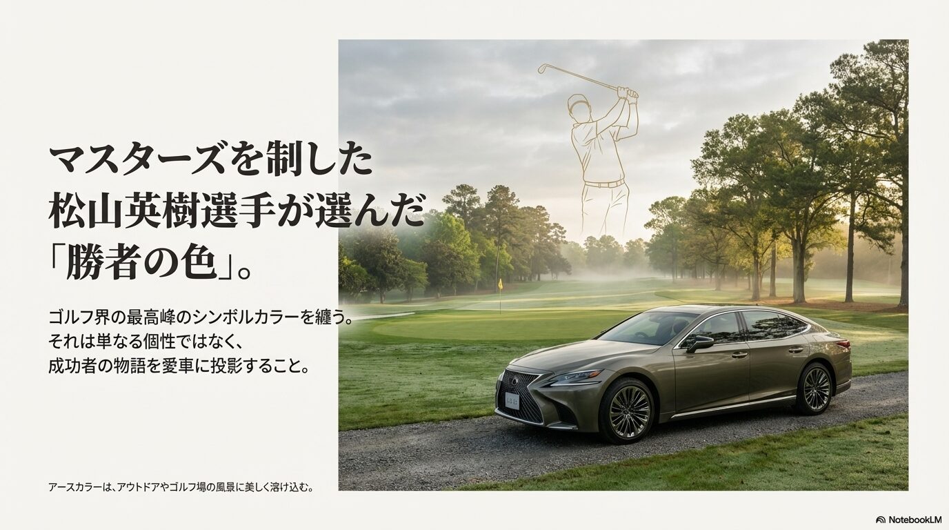 松山英樹選手のマスターズ制覇を象徴する勝者の色としての価値と、風景に溶け込むアースカラーの魅力を伝えるスライド