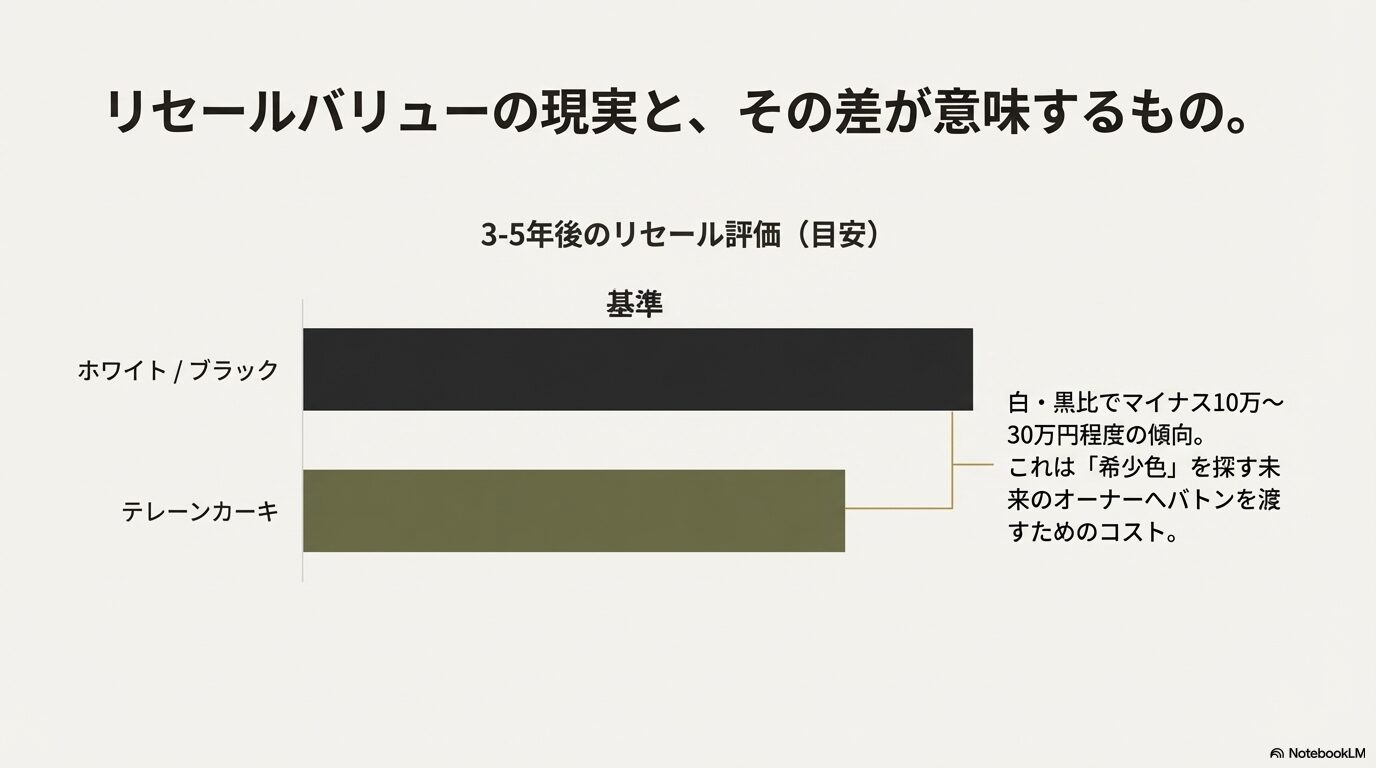 白・黒とテレーンカーキのリセール査定額の差(目安)と、希少色を所有するコストの考え方を示したスライド