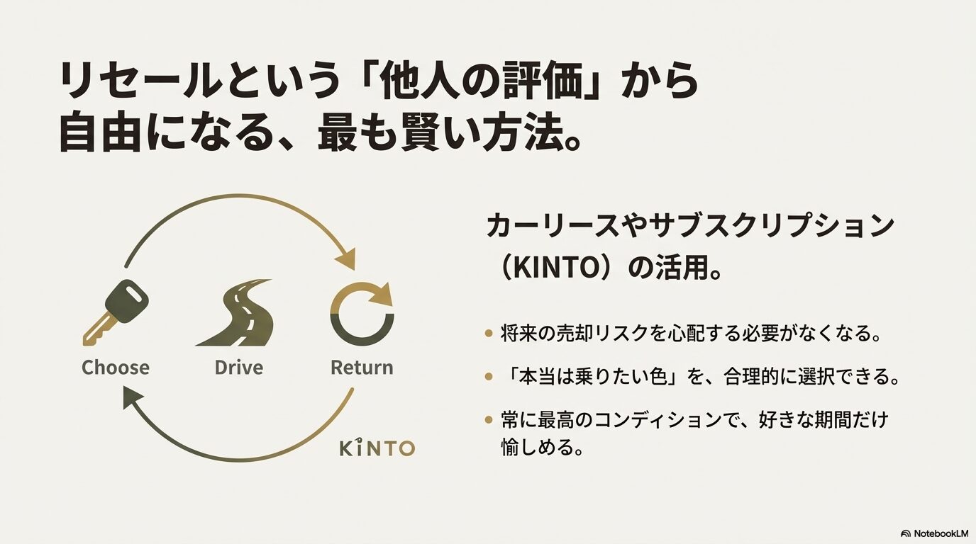 KINTOやカーリースを活用して、将来の売却リスクを気にせずに乗りたい色を合理的に選ぶメリットを解説したスライド