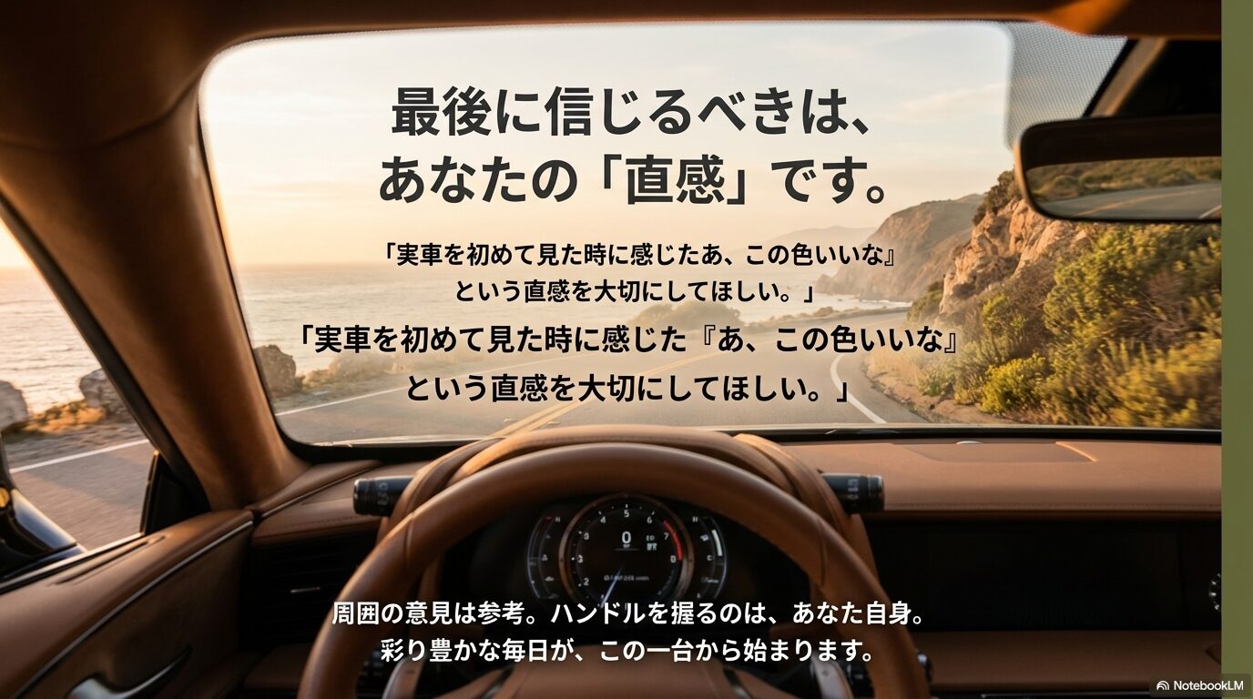 レクサスの色選びにおいて、実車を見た時の直感を大切にすることを推奨し、彩り豊かな毎日を応援する結びのスライド
