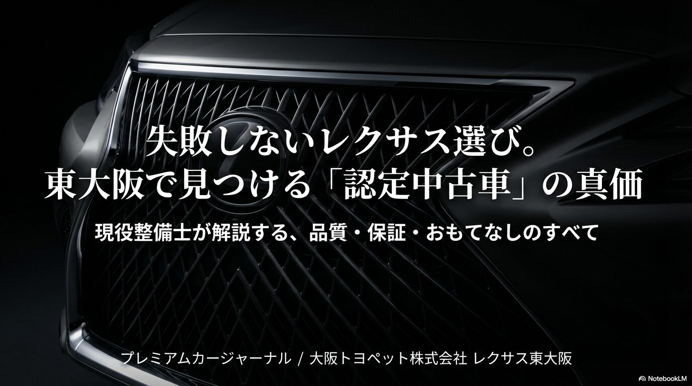 レクサス東大阪で見つける認定中古車（CPO）の真価について、現役整備士が品質・保証・おもてなしを解説するスライド表紙。