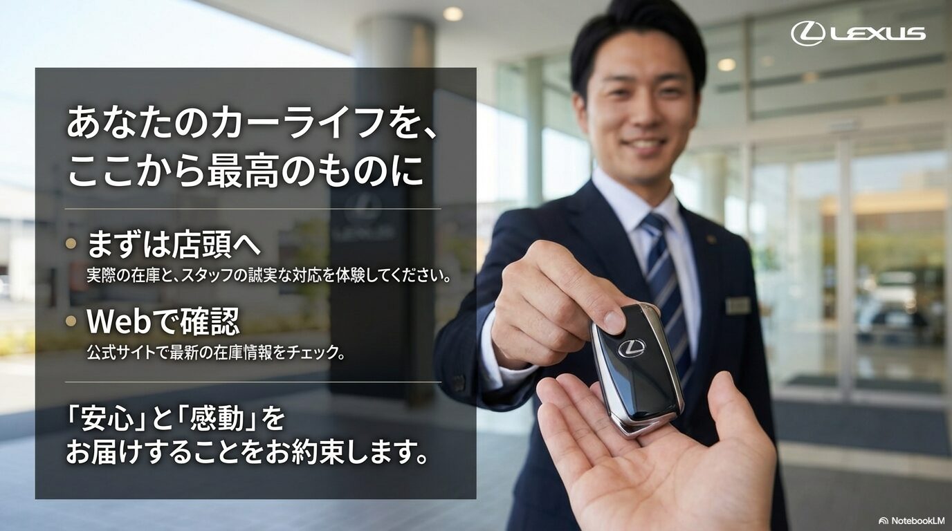 店頭での在庫確認やWebサイトでのチェックを促し、安心と感動を届けることを約束するクロージングスライド。