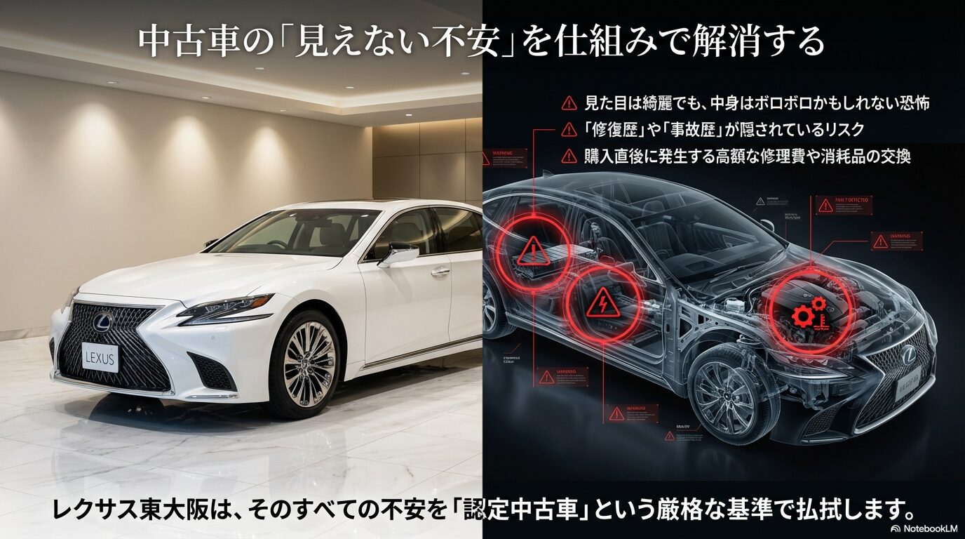 修復歴や隠れた故障、購入直後の高額修理など、中古車購入における見えない不安を列挙したスライド。