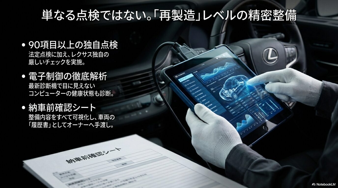 90項目以上の独自点検、電子制御の徹底解析、納車前確認シートによる整備内容の可視化を説明するスライド。