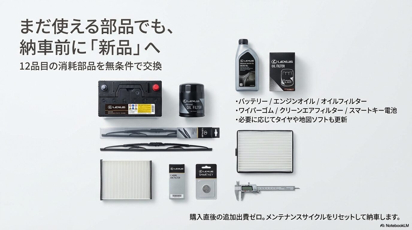 バッテリー、エンジンオイル、ワイパーゴム、スマートキー電池など、納車前に新品交換される12品目の消耗部品リスト。