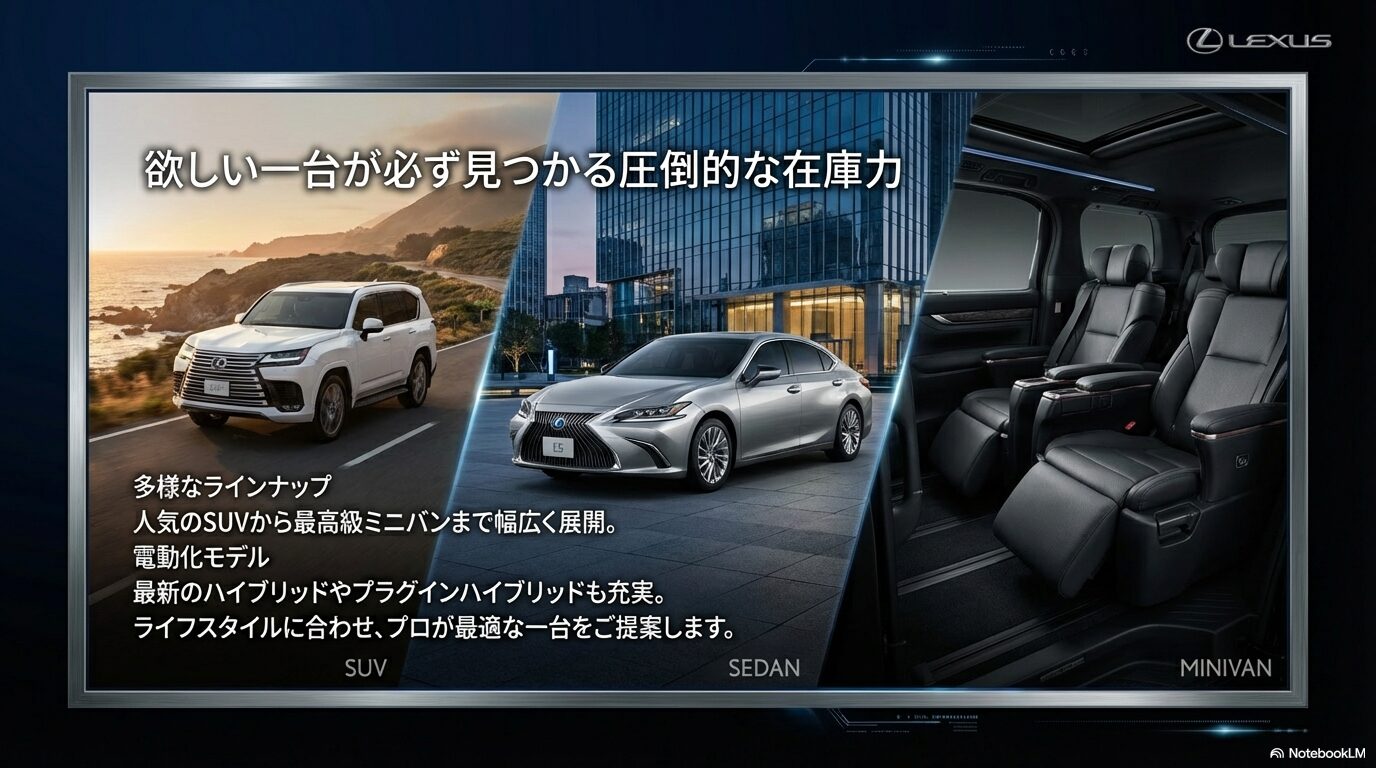 SUV、セダン、ミニバン、最新の電動化モデルなど、レクサス東大阪が誇る圧倒的な中古車在庫ラインナップ。