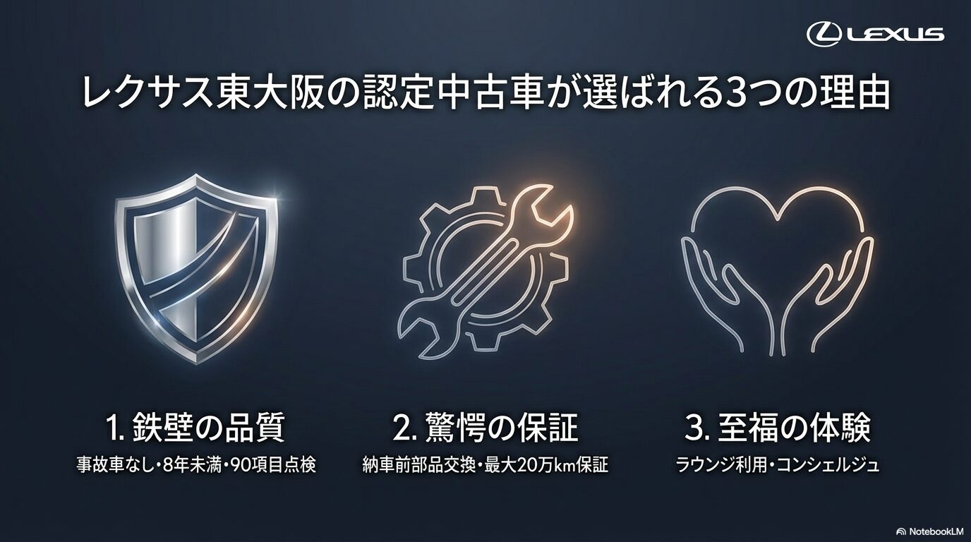 鉄壁の品質、驚愕の保証、至福の体験という、レクサス東大阪の認定中古車が選ばれる3つの理由をまとめたスライド。