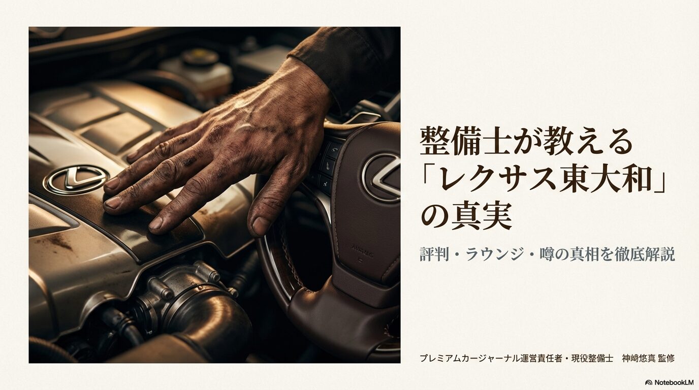 整備士の神崎悠真が監修した、レクサス東大和の評判・ラウンジ・噂の真相を解説するレポートの表紙。