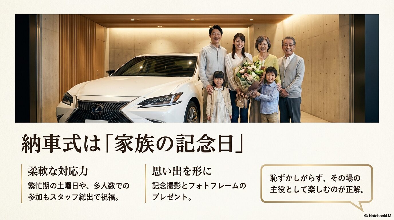 レクサス東大和での納車式の様子。繁忙期や多人数でもスタッフ総出で祝福し、記念撮影やフォトフレームのプレゼントがある。