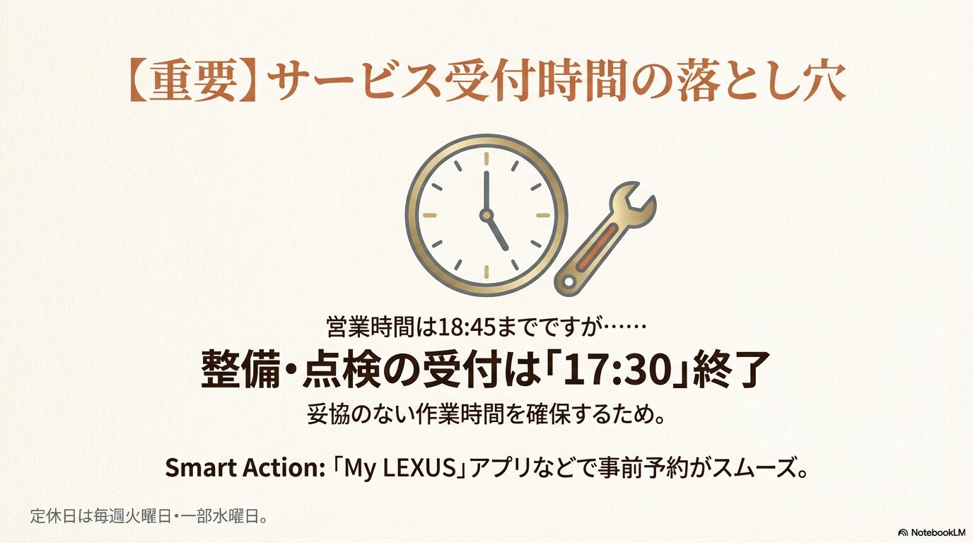 レクサス東大和の営業時間は18:45までだが、整備・点検の受付は17:30で終了することを警告するスライド。