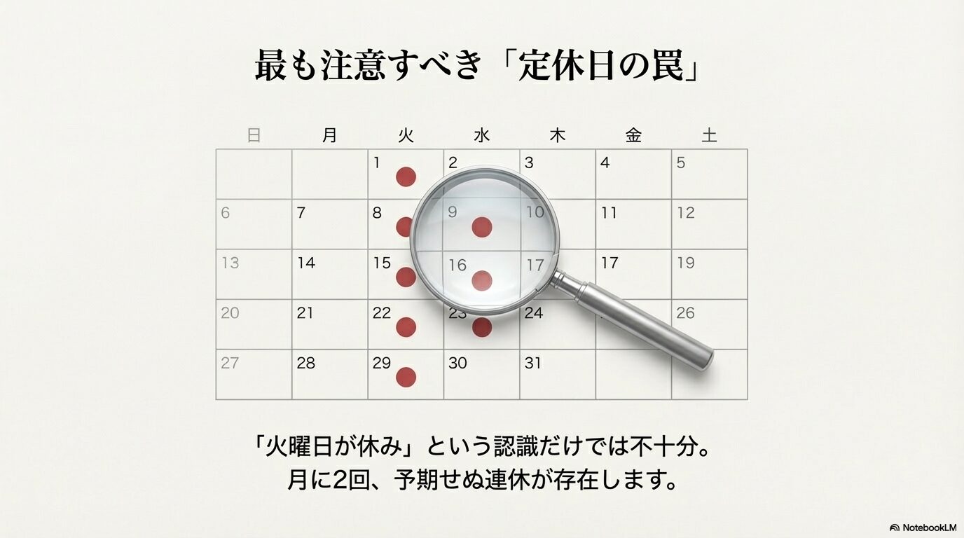 カレンダー画像とともに月に2回の連休が存在することを注意喚起する画像