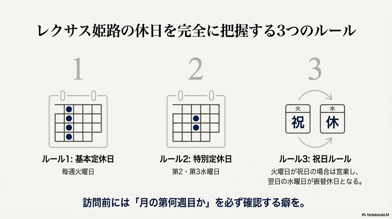 毎週火曜の基本定休日、第2・第3水曜の特別定休日、祝日振替ルールの3点をまとめた画像