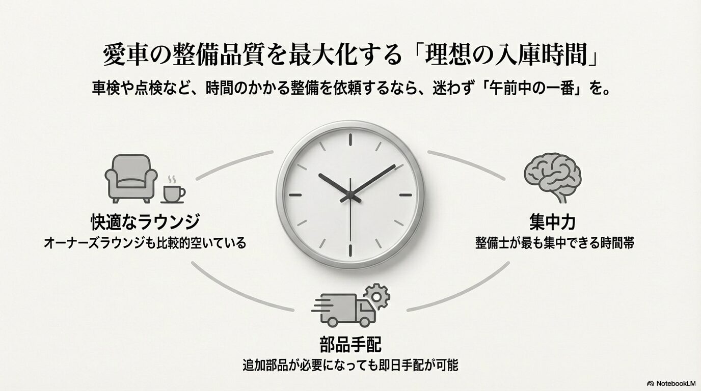 整備士の集中力や部品手配の観点から午前中一番の入庫を推奨する案内画像
