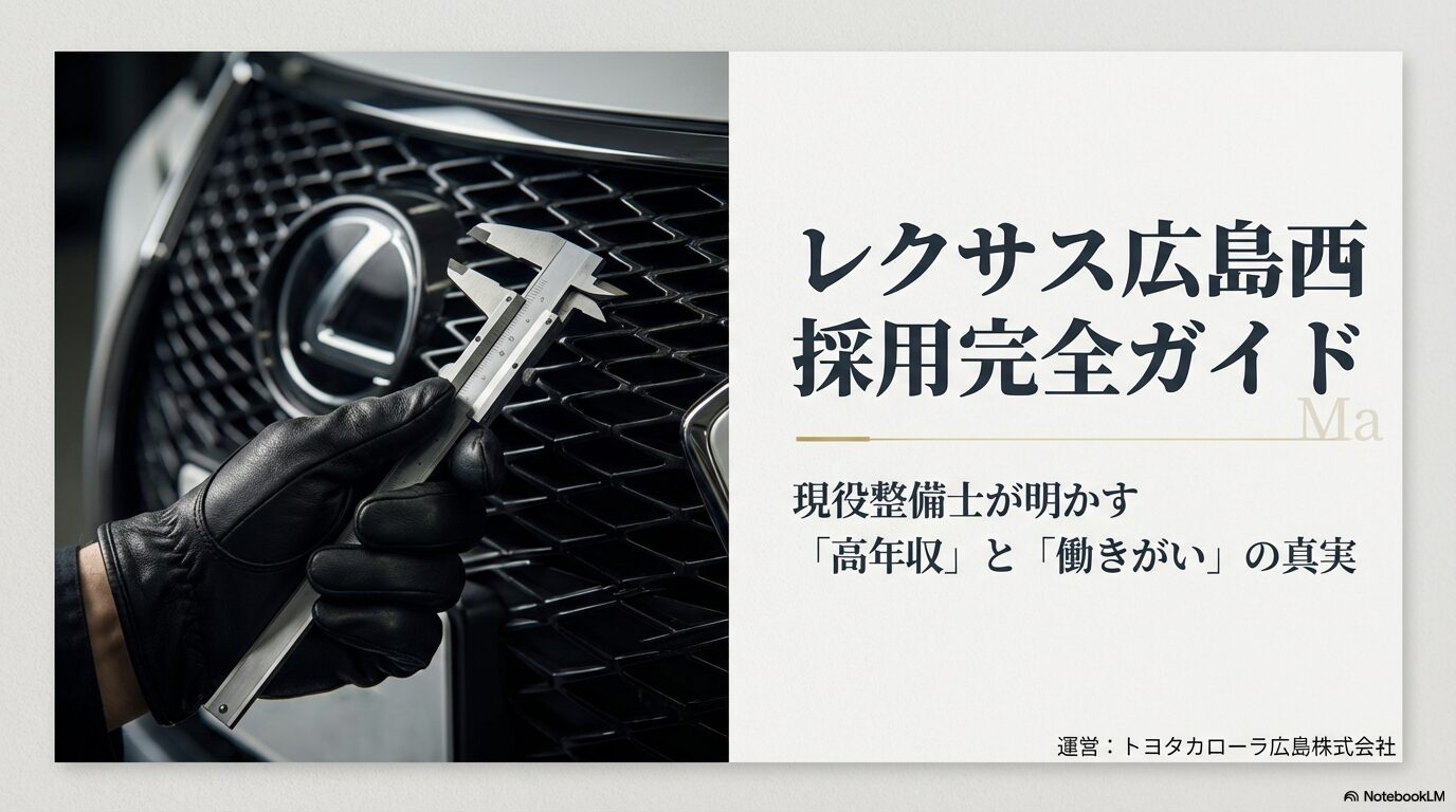 レクサス広島西の求人・採用情報を現役整備士が解説するスライド資料の表紙。トヨタカローラ広島運営。