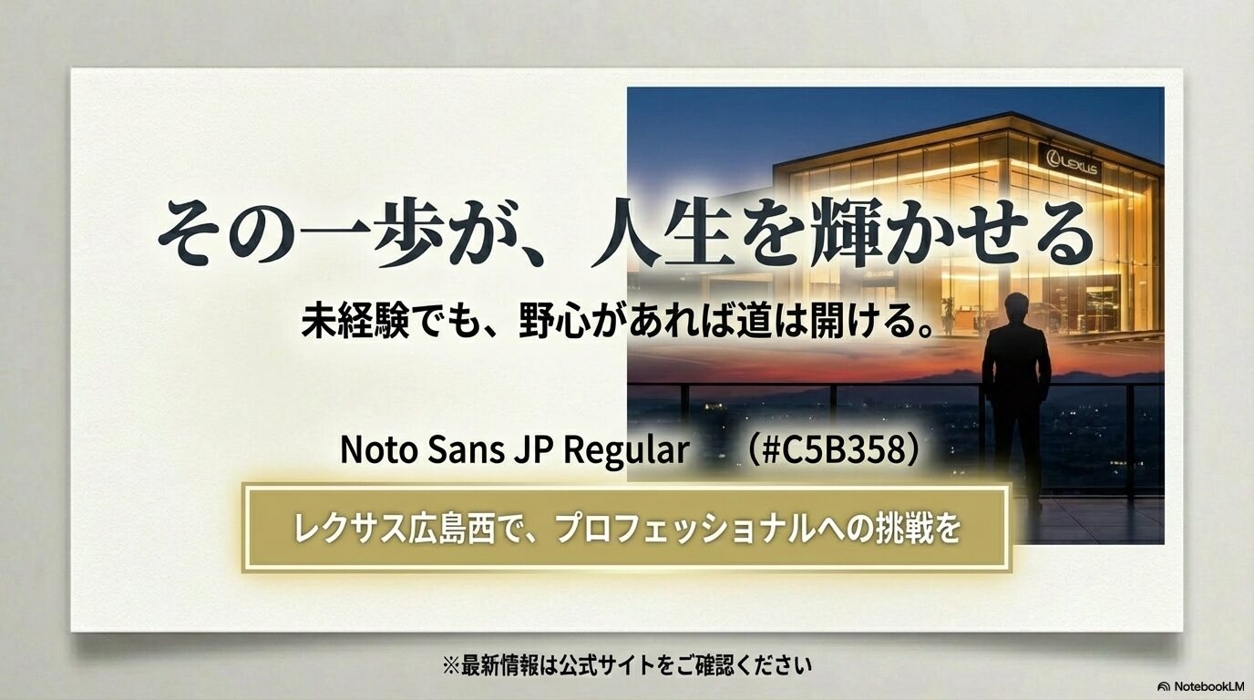未経験でも野心があればプロフェッショナルへの道が開けるというメッセージを込めた、採用ガイドの結びのスライド。