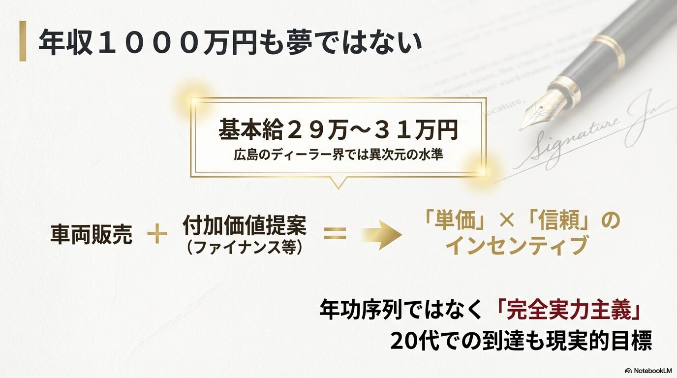 基本給29万〜31万円、実力主義による年収1000万円到達の可能性、単価と信頼によるインセンティブ構造を解説するスライド。