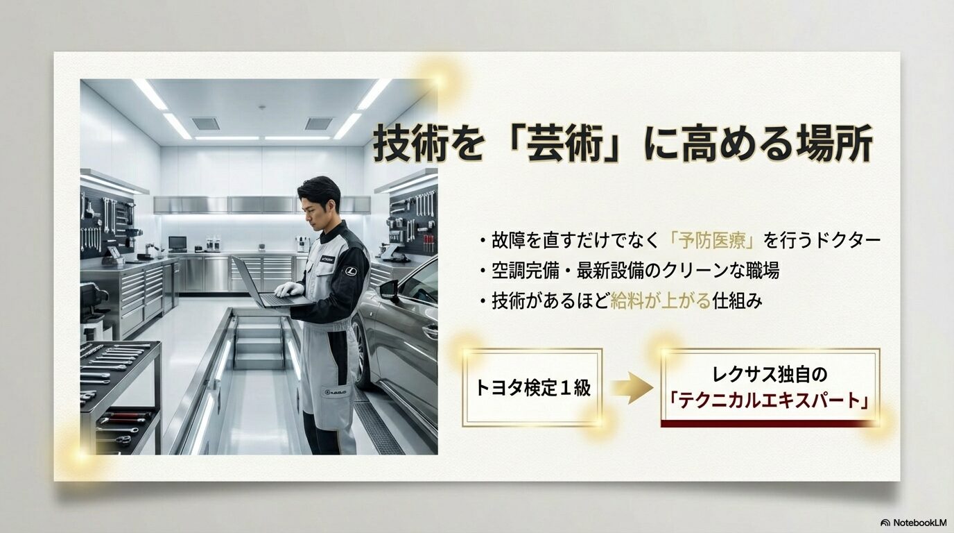 予防医療を行うドクターのような役割、空調完備の最新設備、トヨタ検定1級やテクニカルエキスパートなどの技術評価制度を説明するスライド。