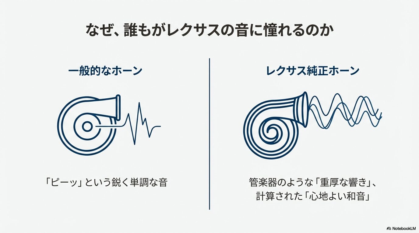 一般的なホーンの単調な音と、管楽器のような重厚な響きを持つレクサス純正ホーンの波形イメージの比較図
