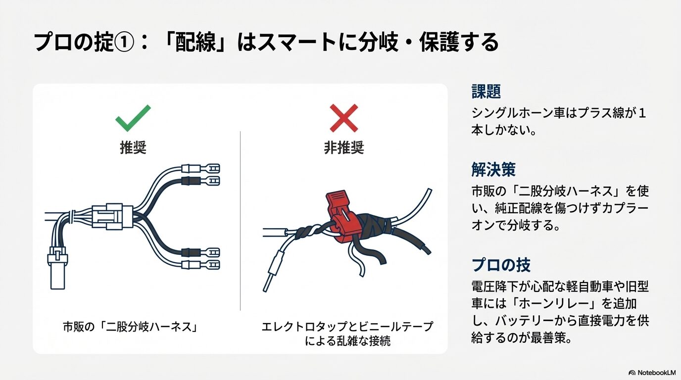 市販の二股分岐ハーネスを使用した推奨接続と、エレクトロタップを使用した非推奨な接続の比較イラスト