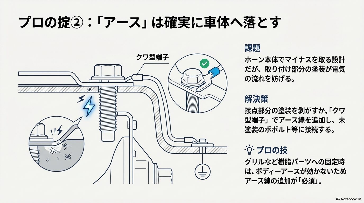 塗装を剥がして接点を出す方法や、クワ型端子でアース線を追加して確実に通電させる仕組みの図解