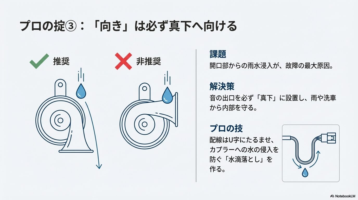 開口部を真下に向ける推奨設置例と、配線をU字にたるませて浸水を防ぐ「水滴落とし」の解説図