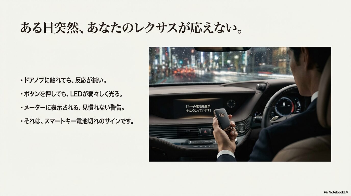 レクサスのスマートキー、精密ドライバー、予備電池、クロスが置かれたメンテナンス準備のイメージ画像。