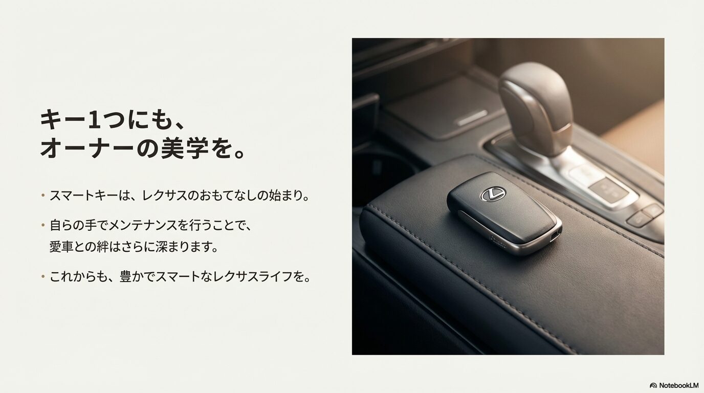 車内のセンターコンソールに美しく置かれたレクサスのスマートキー。