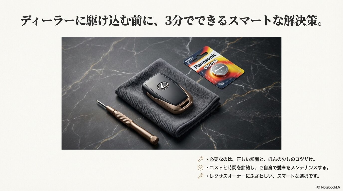 レクサスの車内で、メーターパネルに「キーの電池残量が少なくなっています」と警告が表示されている様子。