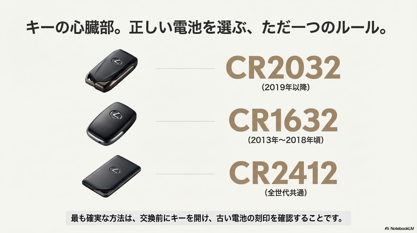 2019年以降のCR2032、2013〜2018年頃のCR1632、全世代共通のカードキー用CR2412の対応表。