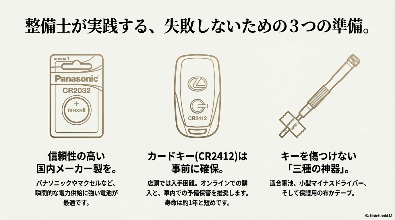 パナソニックやマクセルのCR2032・CR2412電池パッケージと、保護布、小型ドライバーのセット。