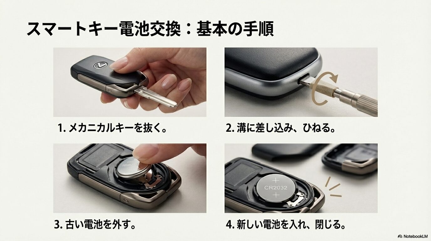 メカニカルキーを抜き、溝に差し込んでケースをひねり、電池を入れ替える手順の図解。