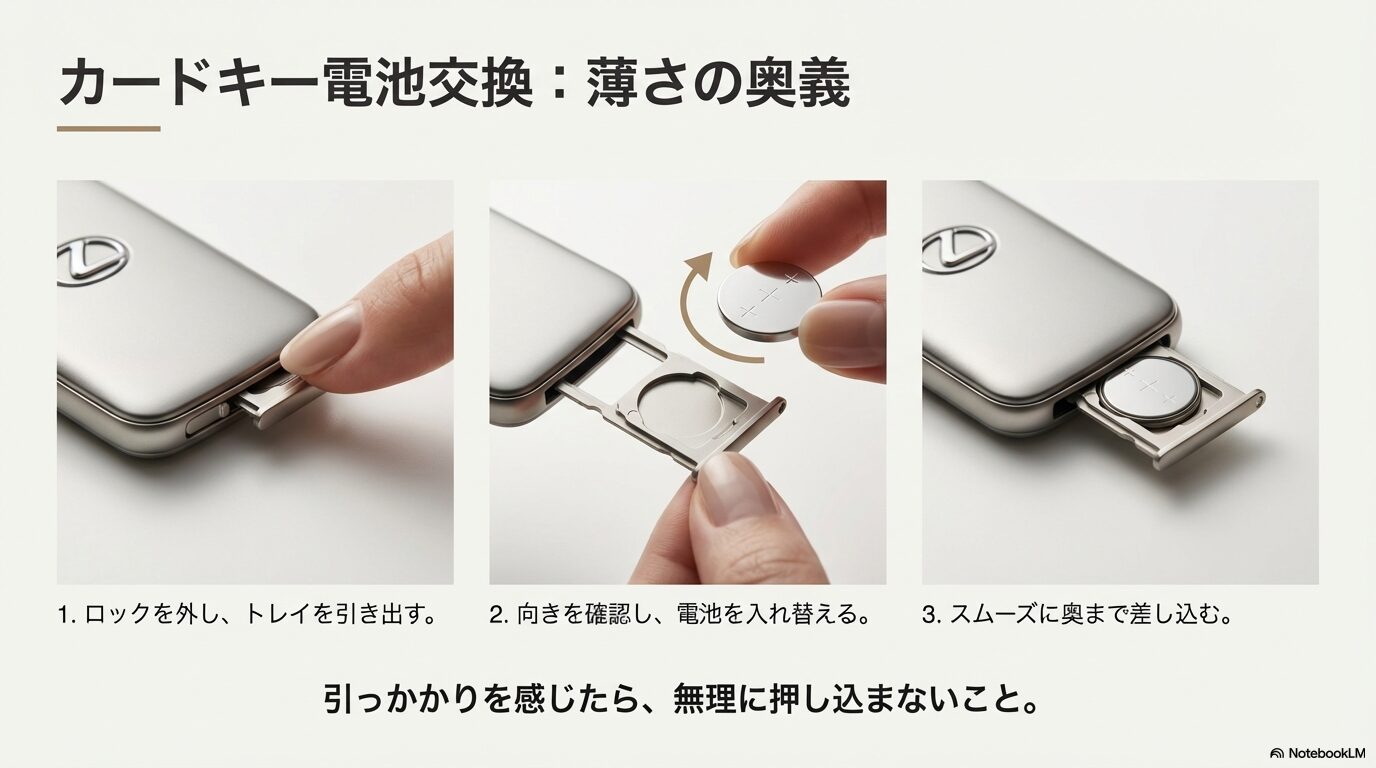 カードキーのトレイを引き出し、電池の向きを確認して入れ替える手順の解説画像。