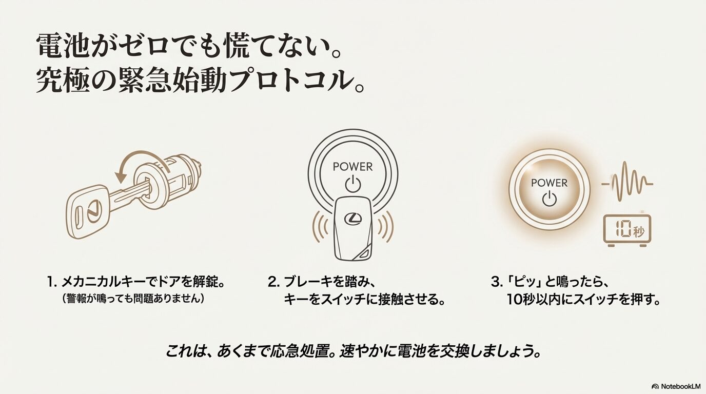 メカニカルキーでの解錠後、キーをパワースイッチに接触させてエンジンを始動させる手順のイラスト。
