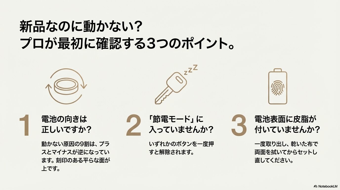 電池の向き、節電モードの解除、電池表面の皮脂汚れの拭き取りを説明するアイコン画像。