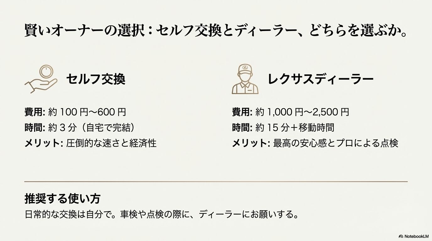 セルフ交換（約100〜600円）とディーラー交換（約1,000〜2,500円）の費用・時間のメリット比較表。